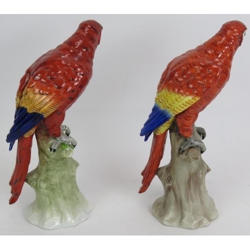 17 - Two German porcelain figures of perched macaws, each with Sitzendorf marks to base. Height 24cm. (2)... 