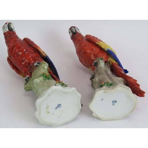 17 - Two German porcelain figures of perched macaws, each with Sitzendorf marks to base. Height 24cm. (2)... 