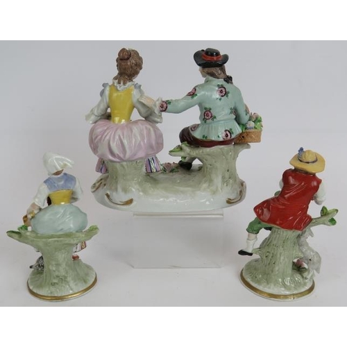 178 - A Sitzendorf porcelain figure of a courting couple and two Sitzendorf figurines of country peasants.... 