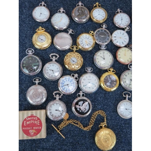 193 - 47 various pocket watches mostly new, some in packaging, plus a wooden glazed display case. Two with... 