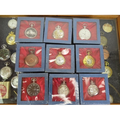 193 - 47 various pocket watches mostly new, some in packaging, plus a wooden glazed display case. Two with... 