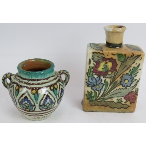 195 - A hand decorated Iznik pottery flask and a similar Eastern small amphora. Tallest 17cm. (2).
Conditi... 