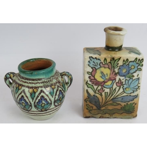 195 - A hand decorated Iznik pottery flask and a similar Eastern small amphora. Tallest 17cm. (2).
Conditi... 