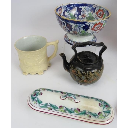 196 - A Doulton & Slaters stoneware jardinière, a slipper bed pan, Wedgwood creamware coffee pot, Italian ... 