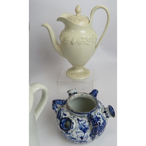 196 - A Doulton & Slaters stoneware jardinière, a slipper bed pan, Wedgwood creamware coffee pot, Italian ... 