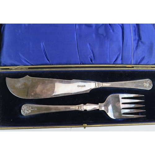 198 - A boxed set of six Waring & Gillow teaspoons, a boxed set of fish knives and forks with hallmarked s... 