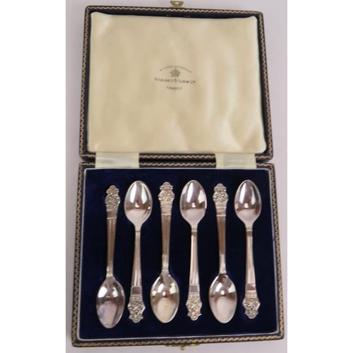 198 - A boxed set of six Waring & Gillow teaspoons, a boxed set of fish knives and forks with hallmarked s... 