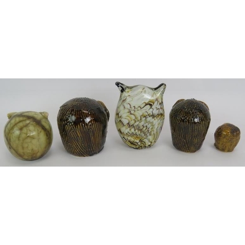 222 - Three Hastings pottery owl figures, a Murano style glass owl and an Italian alabaster owl. Tallest 1... 