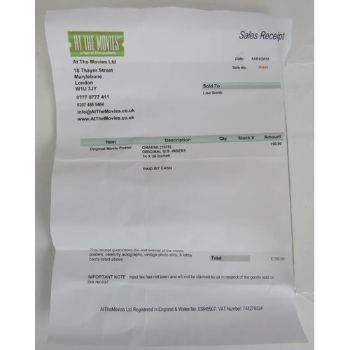 236 - An original 1978 Grease film US insert poster with receipt for £150. 36cm x 92cm.
Condition report: ... 