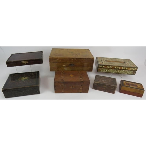 237 - Seven mixed antique and vintage wooden boxes including a folding cribbage board, writing slope, inla... 