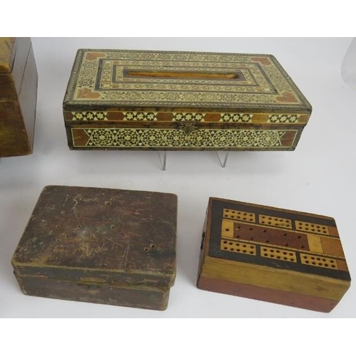 237 - Seven mixed antique and vintage wooden boxes including a folding cribbage board, writing slope, inla... 