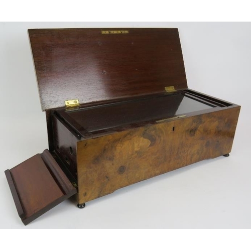 32 - An antique music box case with burr walnut veneer and inlaid lid. Internal glass cover and drop end ... 