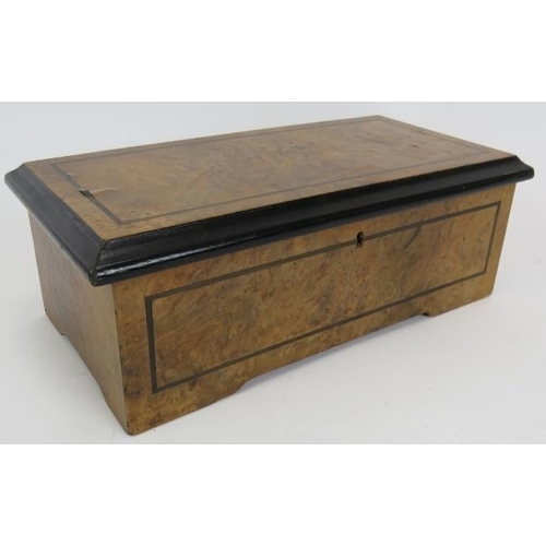 33 - An antique Swiss music box in burr walnut and ebonised case. Steel and brass mechanism with steel dr... 