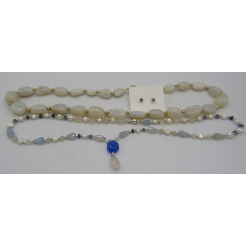 359 - A white opal necklace interspersed with small yellow metal beads on a 9ct yellow gold ball clasp, a ... 