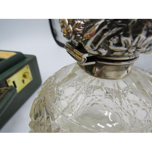 369 - A large hobnail cut scent bottle with silver hinged top, Birmingham 1900 and a green case jewellery ... 