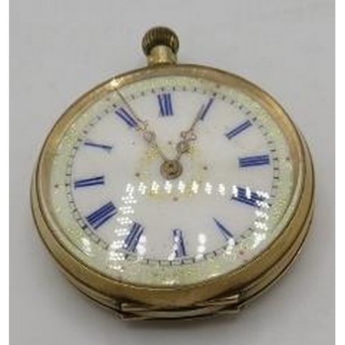 377 - A 14ct gold cased fob watch with blue enamelled numerals.
Condition report: Ring missing and surface... 