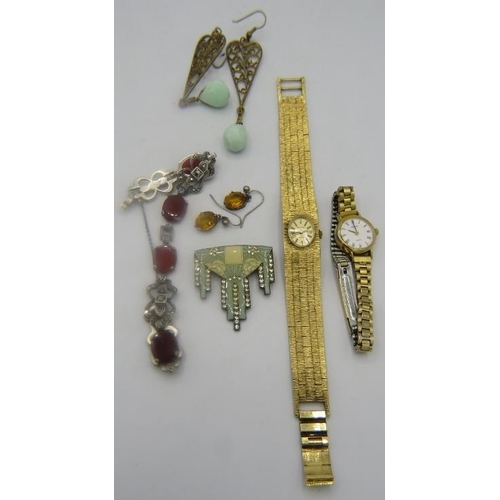 396 - An Art Deco style Catherine Propesco brooch, two ladies gold plated watches, two pairs of costume ea... 