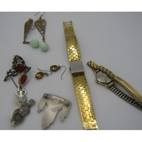 396 - An Art Deco style Catherine Propesco brooch, two ladies gold plated watches, two pairs of costume ea... 