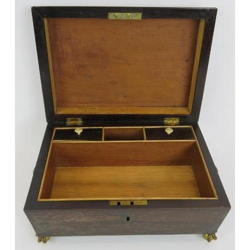 40 - A Regency rosewood workbox with gilt brass handles and ball and claw feet, and a box with plaque eng... 