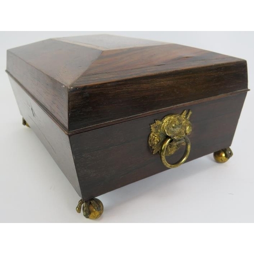 40 - A Regency rosewood workbox with gilt brass handles and ball and claw feet, and a box with plaque eng... 