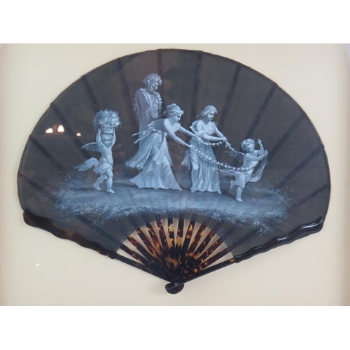 41 - An antique Duvelleroy silk fan by J Duvelleroy. Hand painted with maidens and putti on faux tortoise... 