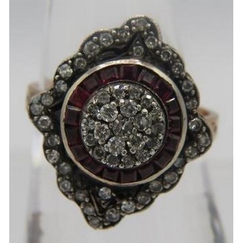 416 - A certified vintage inspired continental navett shaped ring set with round brilliant cut diamonds & ... 