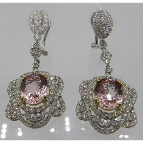 418 - A pair of exceptional quality large 18ct white gold weaving cluster drop earrings set with oval morg... 