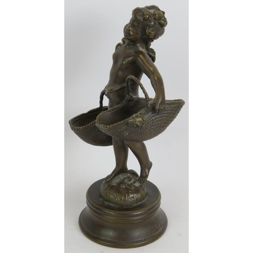 42 - A small European bronze figure of a young girl carrying two baskets. Bearing signature S. Bizard (Su... 