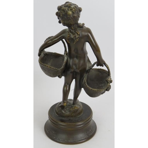 42 - A small European bronze figure of a young girl carrying two baskets. Bearing signature S. Bizard (Su... 