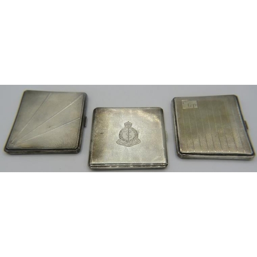 424 - A collection of three silver cigarette cases with engine turned decoration. One Royal Army Medical C... 