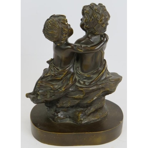 43 - A small bronze figure of two young children sitting on a rock. Bearing signature Aug. Moreau (August... 