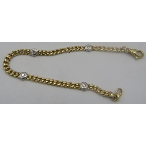 435 - A 14ct yellow gold link bracelet with four collet set diamonds and 14ct lobster clasp, boxed. Diamon... 