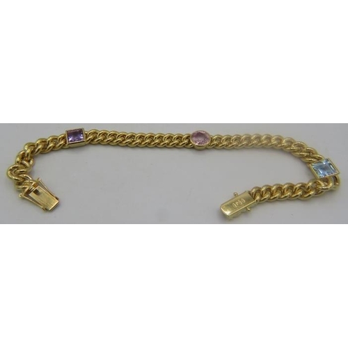 438 - A Torbjorn Tillander heavy 18ct yellow gold link bracelet inset with amethyst, pink sapphire & aquam... 