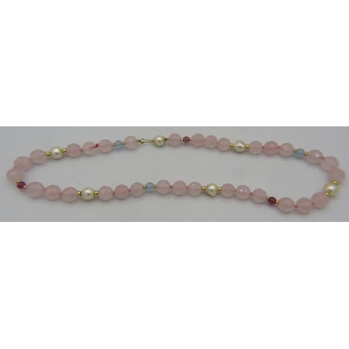 449 - A rose quartz, baroque pearl tourmaline & aquamarine necklace with 18ct gold clasp and yellow metal ... 