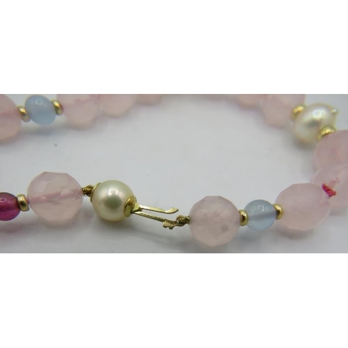 449 - A rose quartz, baroque pearl tourmaline & aquamarine necklace with 18ct gold clasp and yellow metal ... 