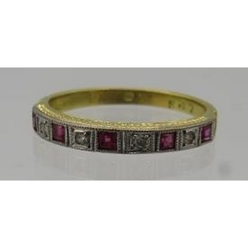 456 - A yellow metal 1/2 eternity ring set with five rubies and four diamonds in a square setting marked E... 