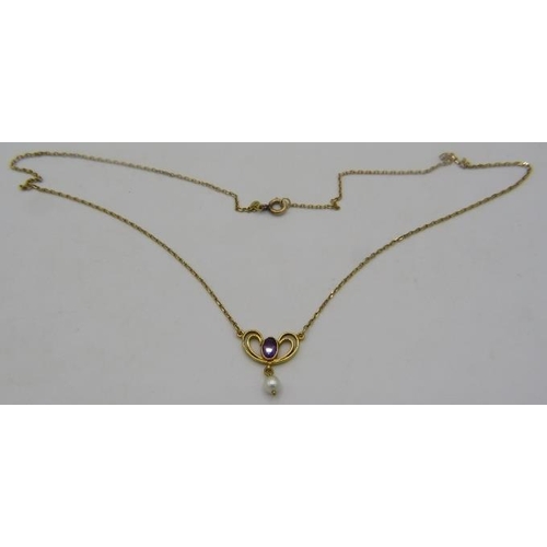 457 - An 18ct yellow gold pendant necklace set with oval amethyst and drop pearl. Amethyst approx 6mm x 4m... 