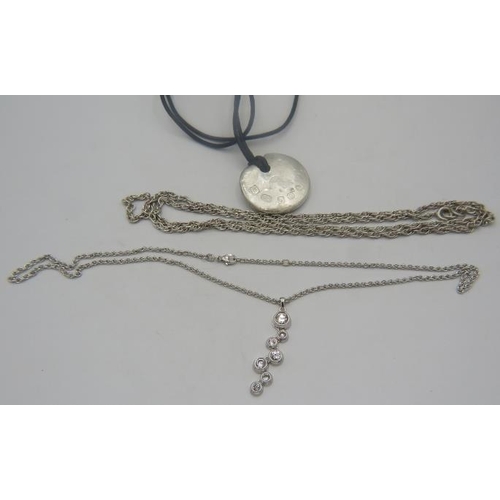 460 - A 14ct white gold chain necklace with a silver & white stone pendant, approx weight 11.4 grams, a he... 