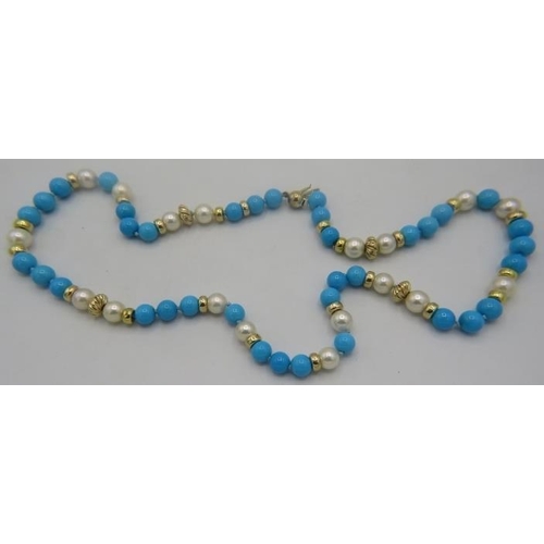 467 - A 'Sleeping Beauty' pearl & turquoise coloured bead necklace. Interspersed with yellow metal spacers... 