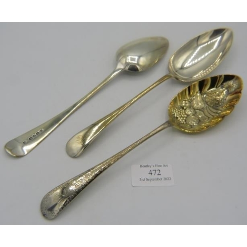 472 - A Georgian silver serving spoon, London 1834, makers JB and two silver serving spoons, Sheffield 193... 