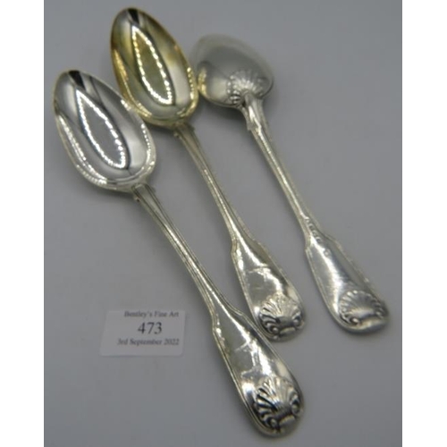 473 - Three Georgian silver fiddle & thread pattern serving spoons, London 1815 & 1820. Approx weight 9.7 ... 