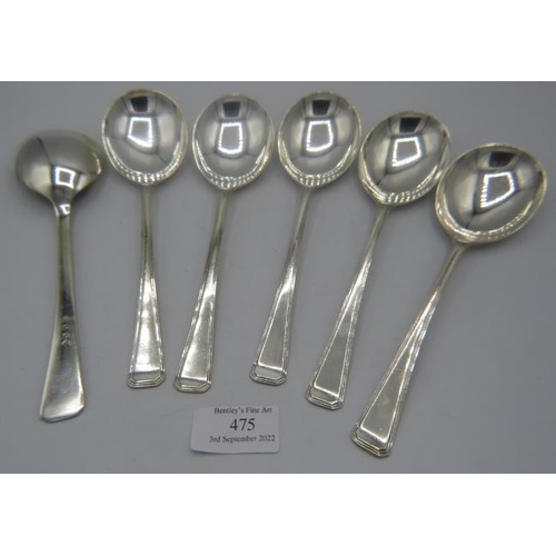 475 - A set of six soup spoons, London 1937. Approx weight 10.4 troy oz/326 grams.
Condition report: Sligh... 