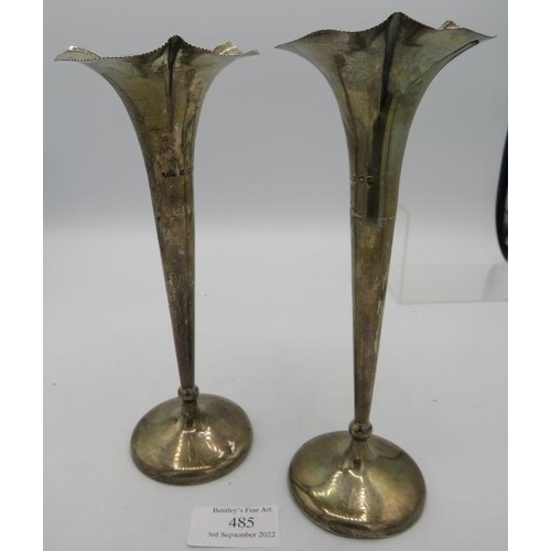 485 - A pair of silver fluted vases, Birmingham 1905, approx 8