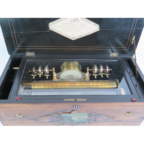 53 - A Bremond music box, No 37500 with six bells with bird strikers and drum, playing 8 airs in rosewood... 