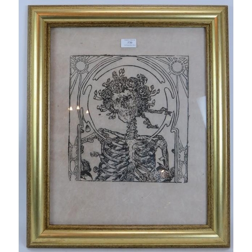 530 - 1970s School - a woodcut on rice paper depicting a skeleton wearing floral headdress between sunburs... 