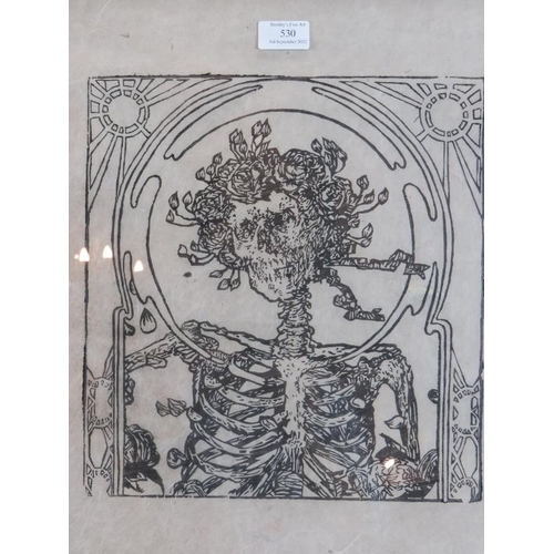 530 - 1970s School - a woodcut on rice paper depicting a skeleton wearing floral headdress between sunburs... 