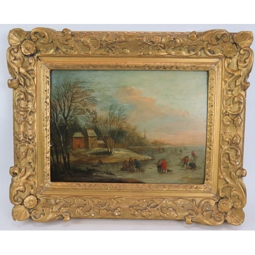 558 - Dutch School (19th century) - 'Winter landscape with figures on a frozen river', oil on panel, 23cm ... 