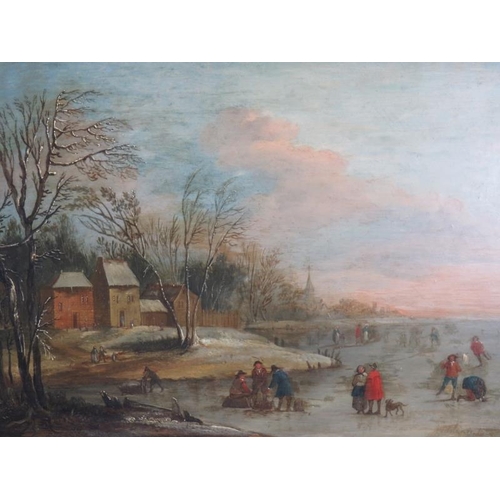 558 - Dutch School (19th century) - 'Winter landscape with figures on a frozen river', oil on panel, 23cm ... 