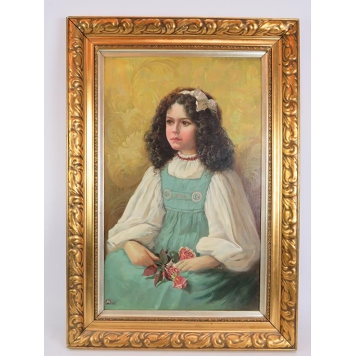 563 - Anna Massey Lea Merritt (1844-1930) - 'Portrait of a Young girl holding a Posey of roses', oil on ca... 