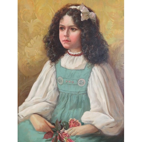 563 - Anna Massey Lea Merritt (1844-1930) - 'Portrait of a Young girl holding a Posey of roses', oil on ca... 